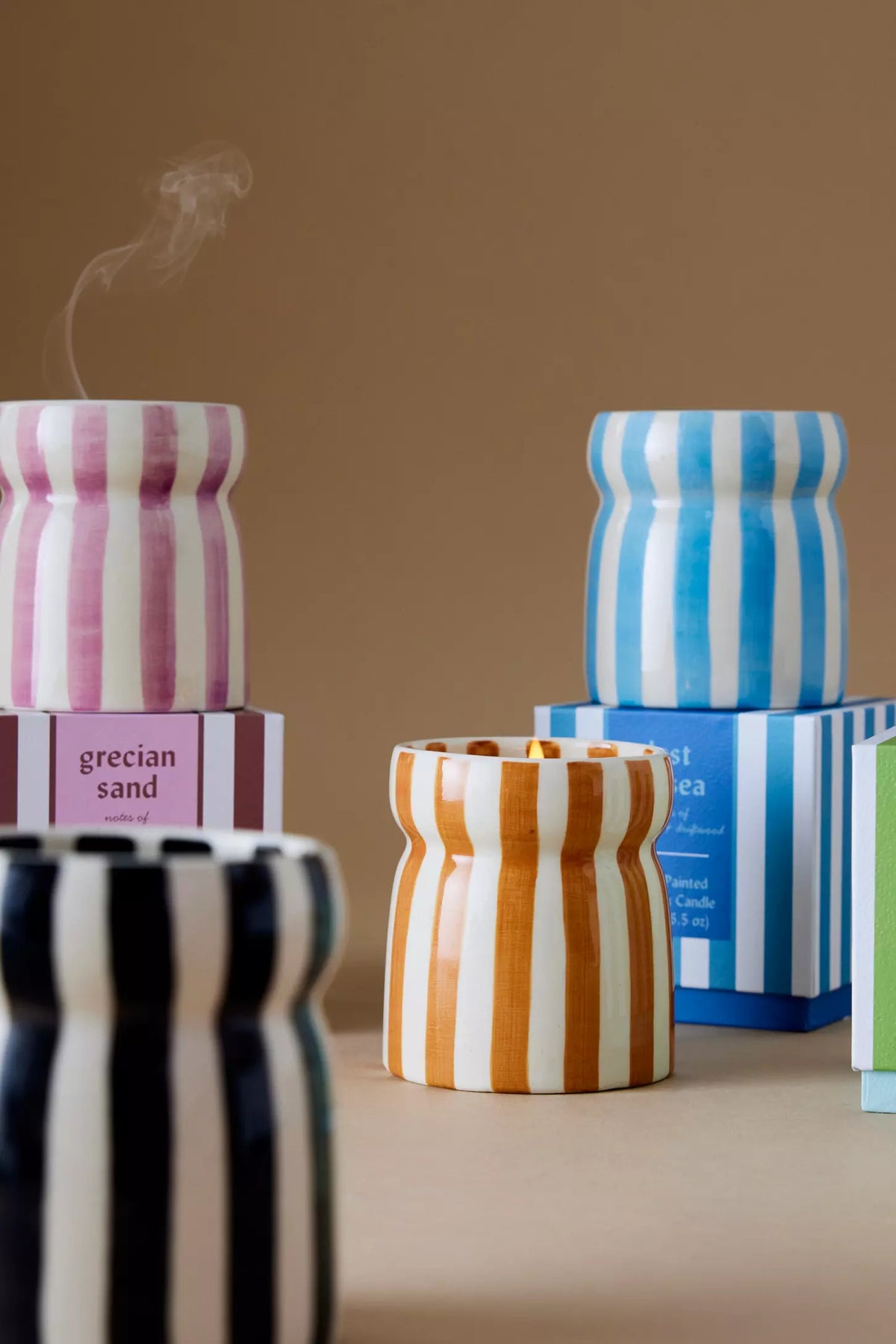 Cabana Black Striped Ceramic Candle Lava Stone