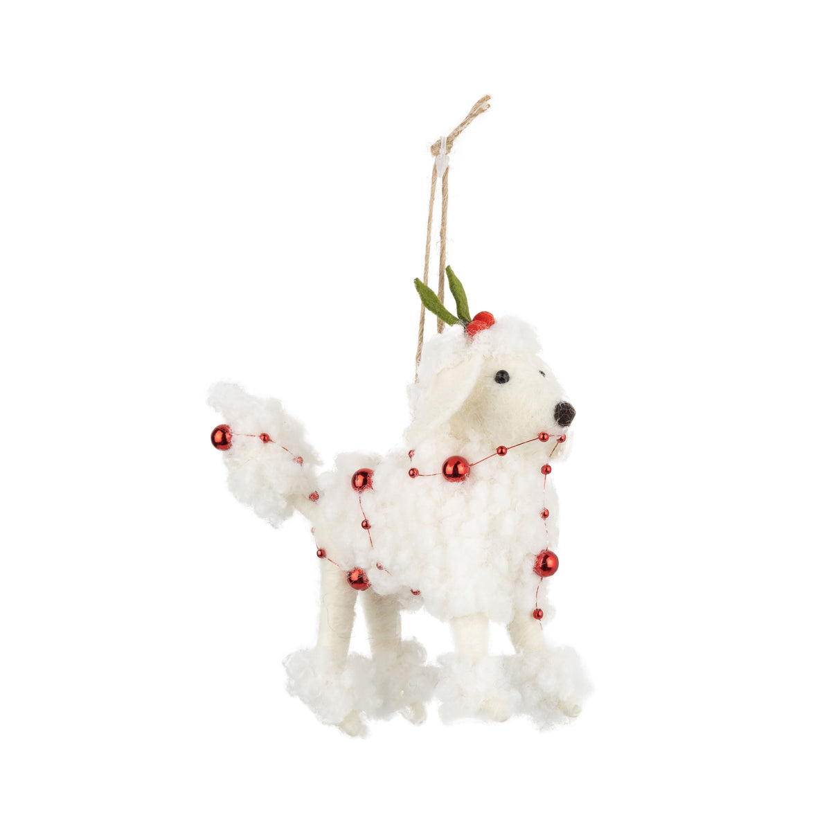 White Poodle Ornament With Holly Hat And Red Bead Garland