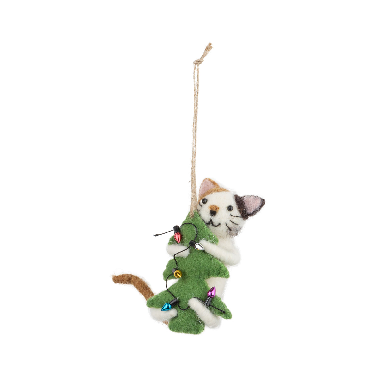 Felt White, Brown, And Black Cat Ornament Hugging A Green Christmas Tree With Lights