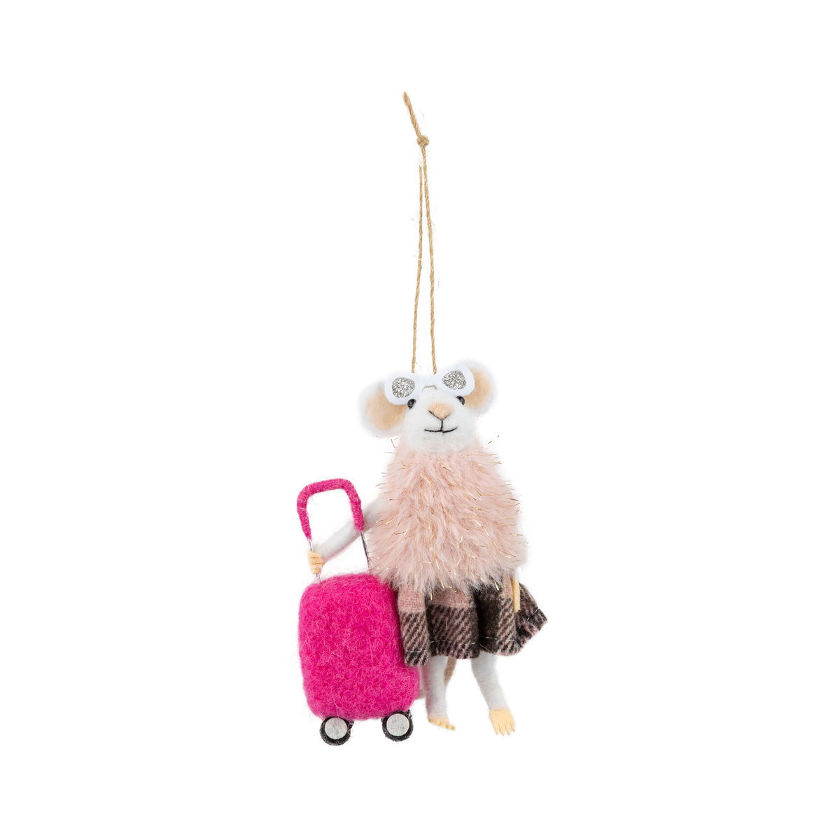 Felt Mouse With Sunglasses Ornament In A Fur Coat Holding A Pink Suitcase