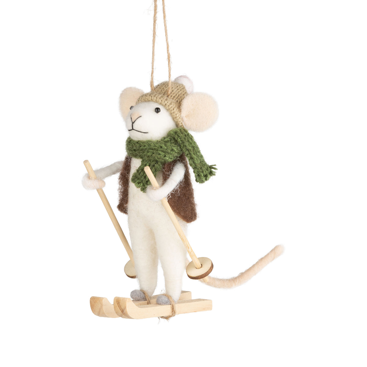 Felt Skiing Mouse Green Scarf Brown Coat Ornament