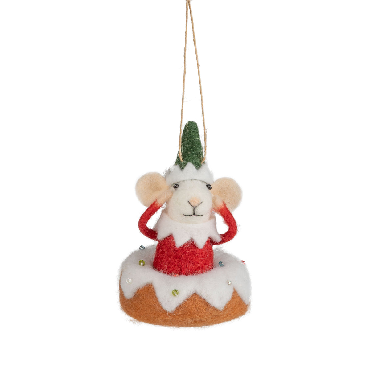 Felt Elf Mouse In Donut Ornament