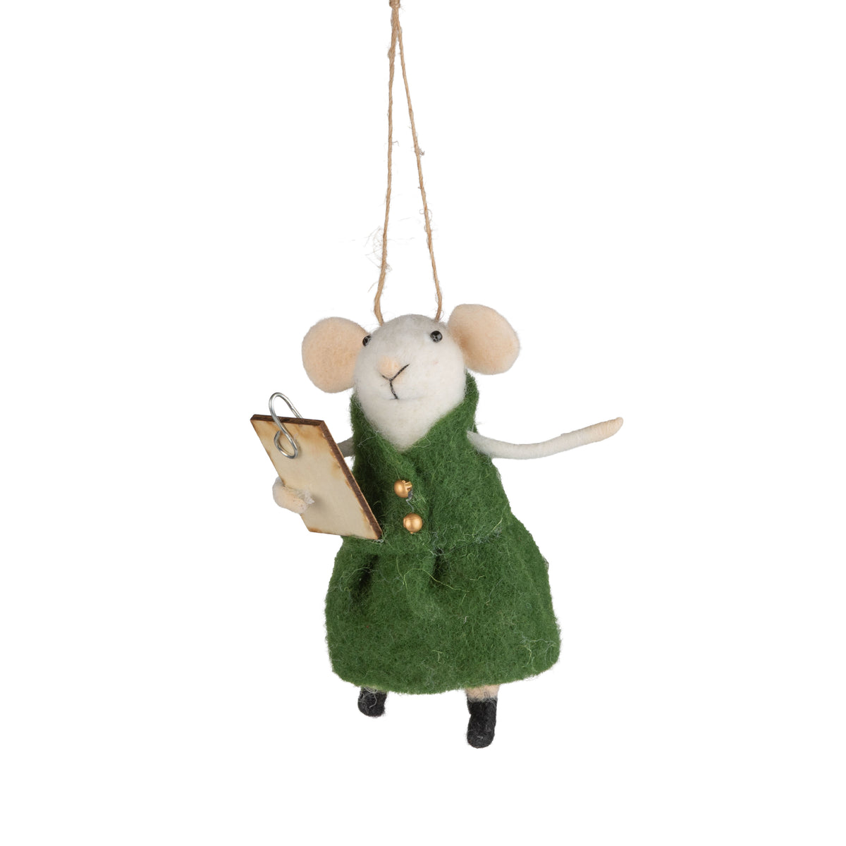 Felt Mouse In Green Dress w/ Clip Board Ornament