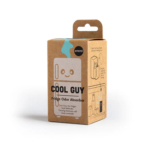 Cardboard packaging of a fridge odor absorber with 'Cool Guy' branding on a white background