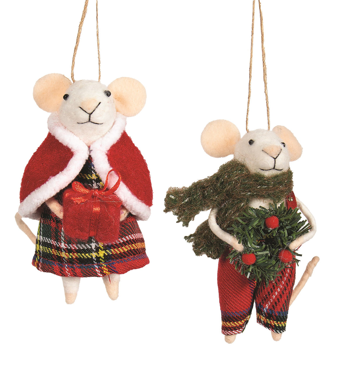 Felt Party Mice Couple in Tartan Christmas Ornament