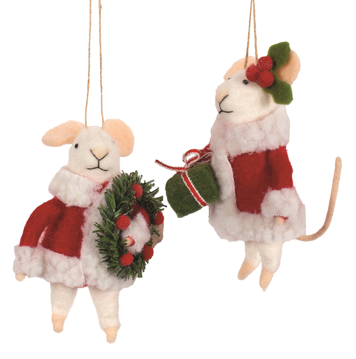 Felt Mice Couple in Red Boucle Trim Coats Christmas Ornament (Assorted)