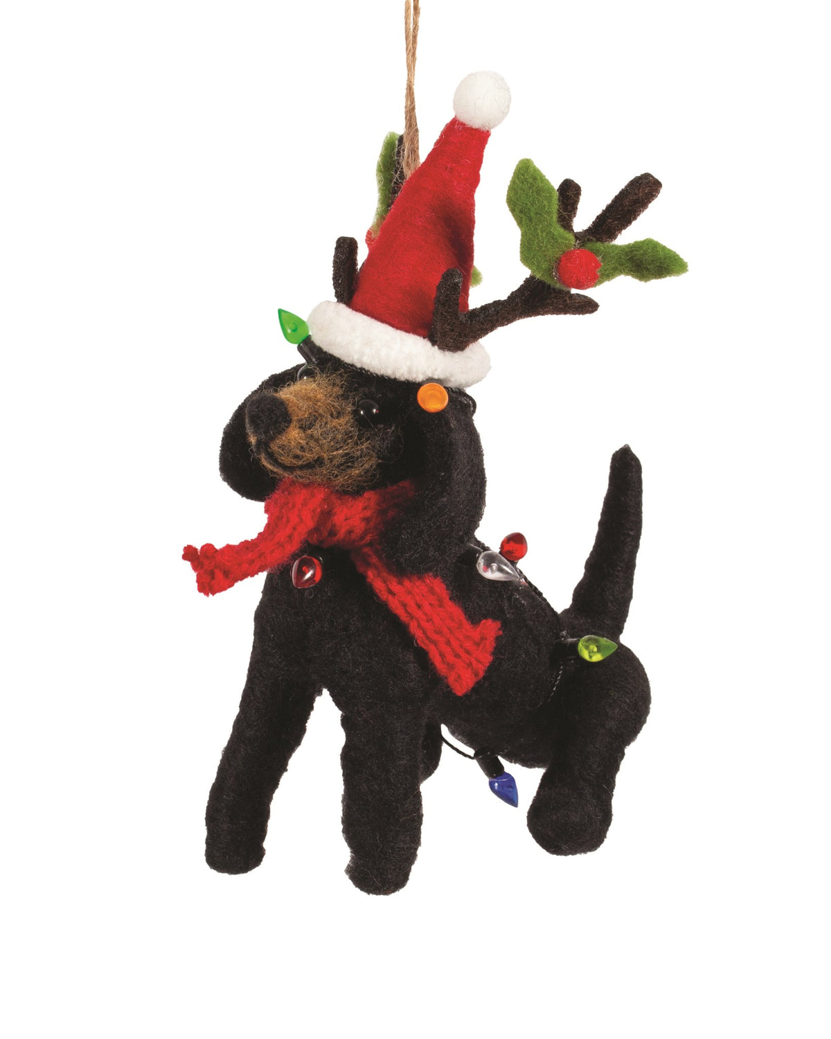 Felt Black Labrador with Antlers & Lights Christmas Ornament