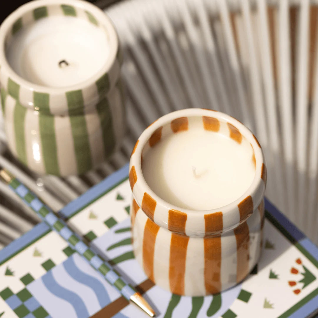 Cabana Sage Striped Ceramic Candle Bora Bora