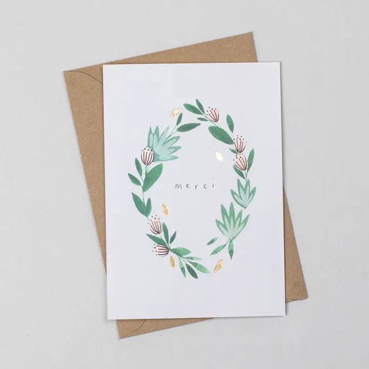 Merci Gold Foil Leaf Botanical Thank You Card