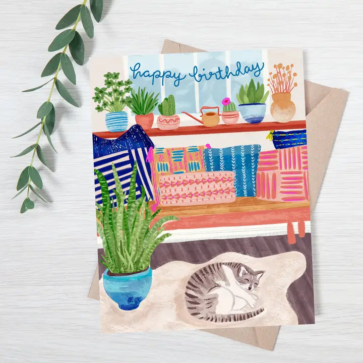 Sleeping Cat with Plants and Pillows Birthday Card