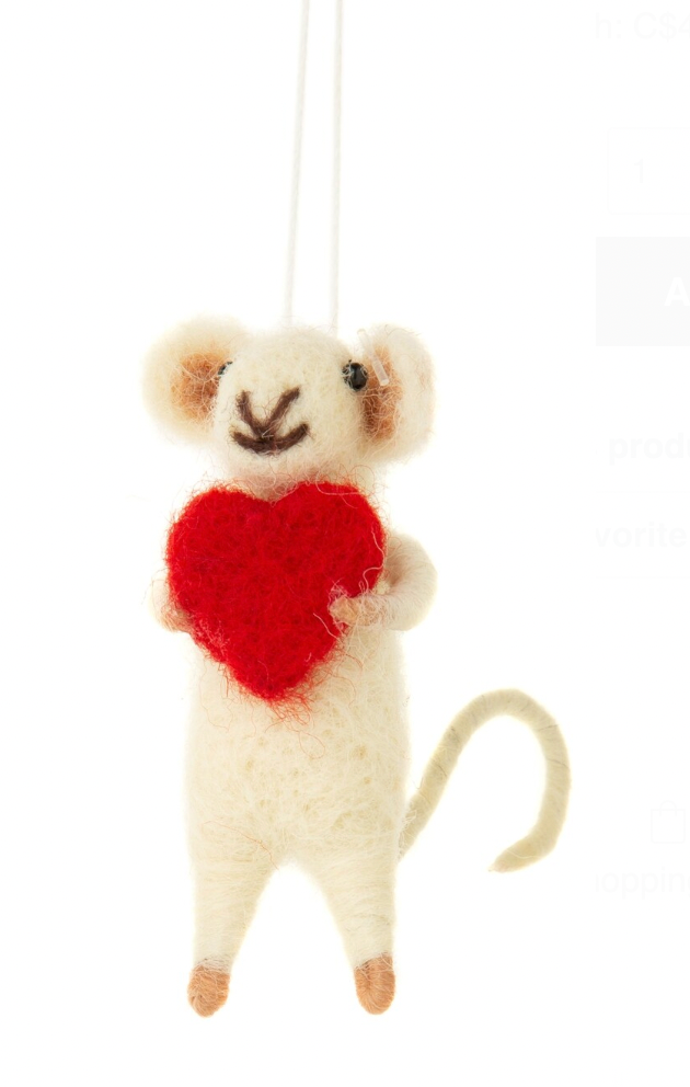 Mini Felt Mice Holding Heart or Flower Ornament
