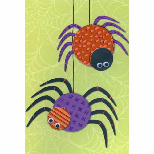 Googly Eyed Spiders on Green Hand Decorated Halloween Card