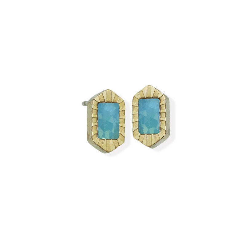 Rectangle Textured Edge Cz Stone Gold Earrings