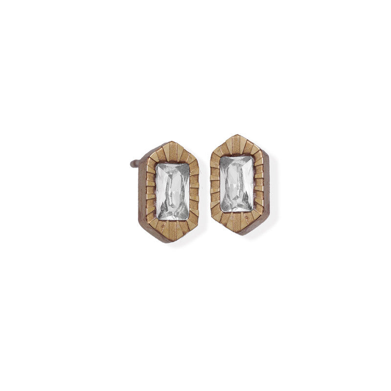 Rectangle Textured Edge Cz Stone Rose Gold Earrings