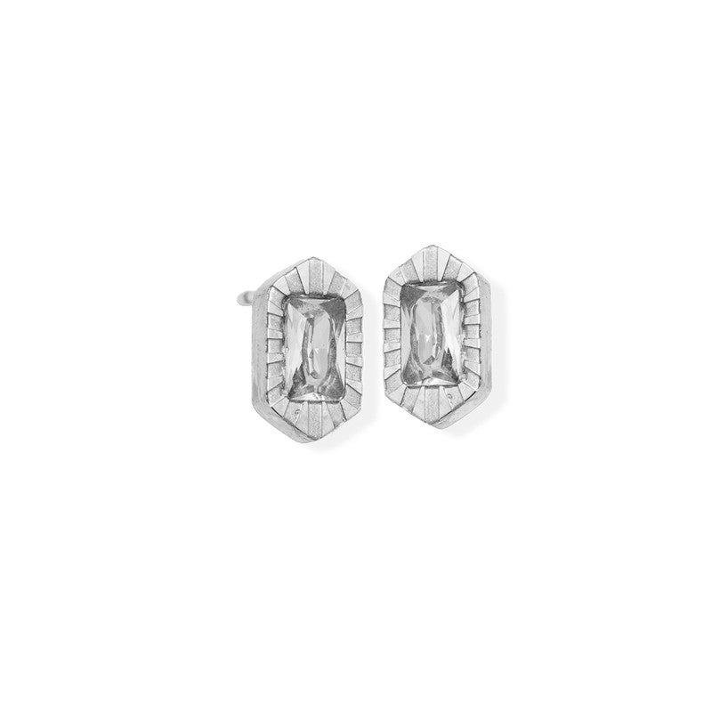 Rectangle Textured Edge Cz Stone Silver Earrings