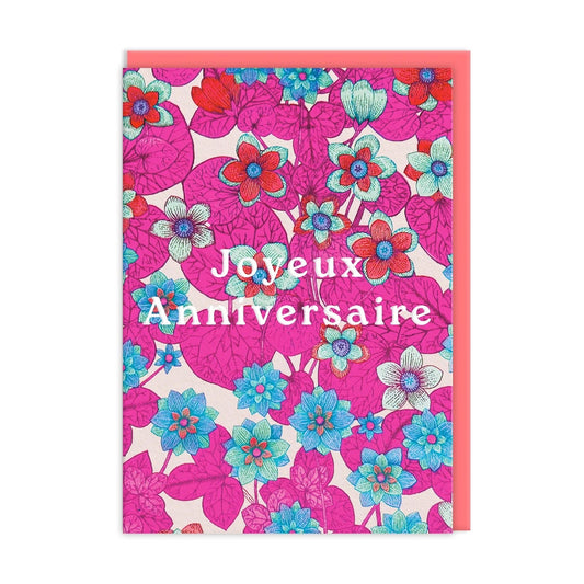 Floral Pink & Blue Joyeux Anniversaire Greeting Card