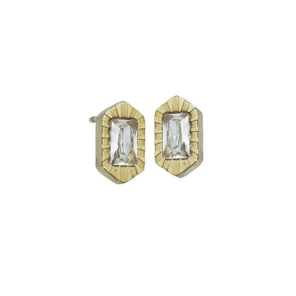 Rectangle Textured Edge Cz Stone Gold Earrings