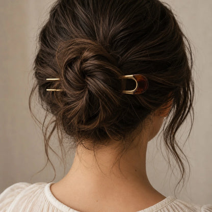 Claudette Metal & Acrylic French Hair Pin Gold Amber