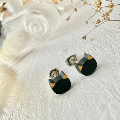 Mew Porcelain Cat Face Stud Earrings Black