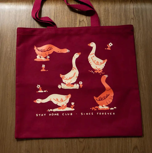 Goose Morning Flat Tote | Red & Maroon Canvas Tote Bag