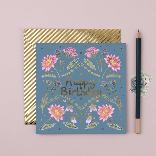 Gold Foiled Blue Lilies Square birthday Card