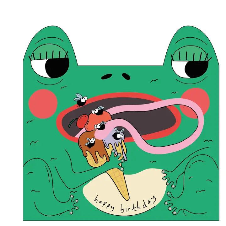 Frog Eats Fly Ice Cream Die Cut Greeting Card - Whimsical Card