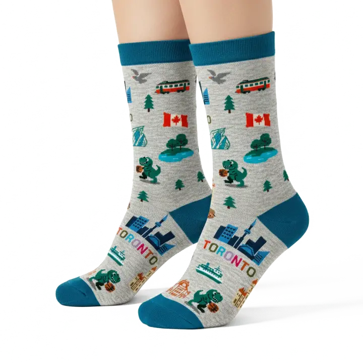 Toronto Canada Crew Socks with City Skyline Landmarks and Travel Icons