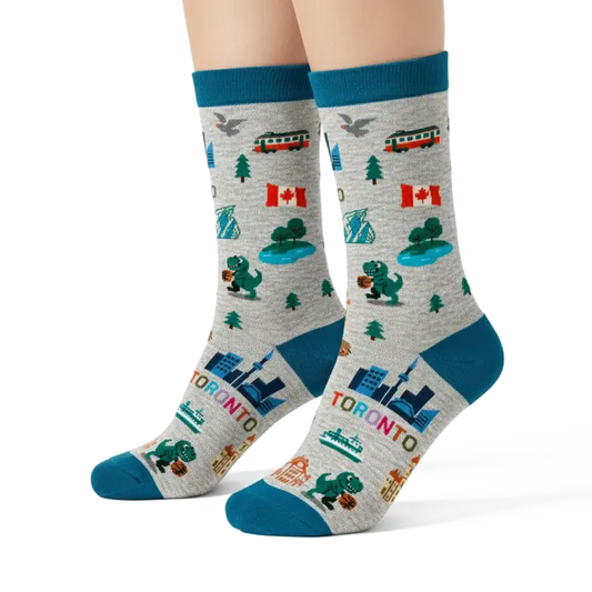 Toronto Canada Crew Socks with City Skyline Landmarks and Travel Icons