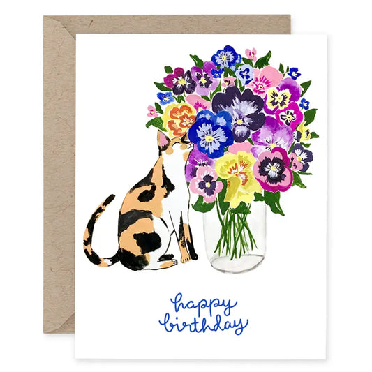 Cat with Pansy Flowers Happy Birthday Card
