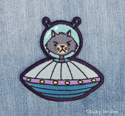 #72 Cat Alien, UFO Spaceship Embroidered Patch