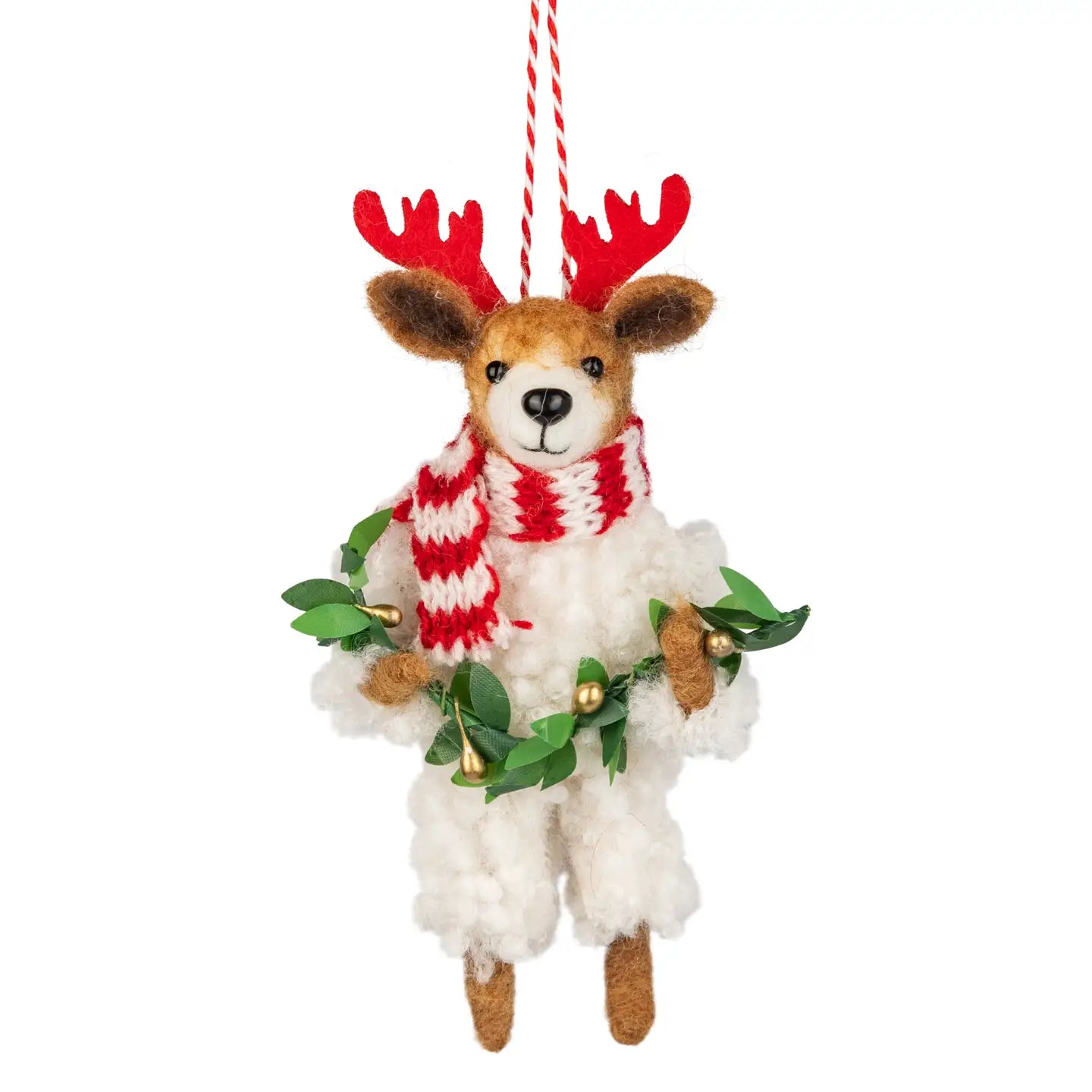 F85 - Felt Dog Holding Garland with Striped Scarf And Red Antlers Ornament