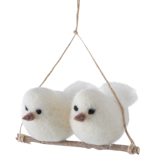 Felt Snowy White Birds On A Hanging Branch Ornament