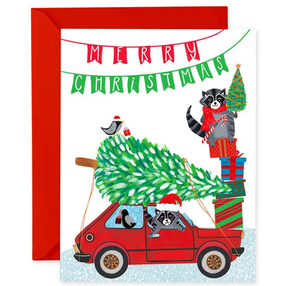 Cute Raccoons in a Car Christmas Cards
