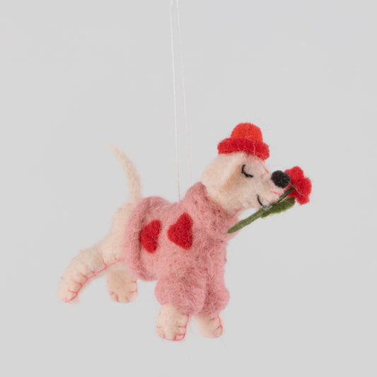 Felt Dog in Pink Heart Coat w/Flower Ornament