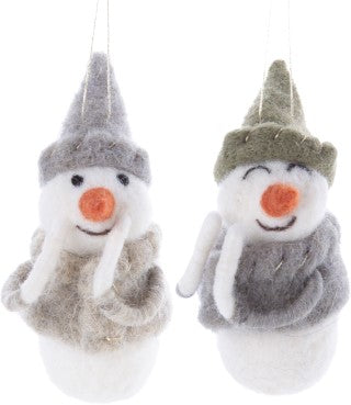 F75 - Winter White Felt Snowmen With Gnome Hats Ornaments