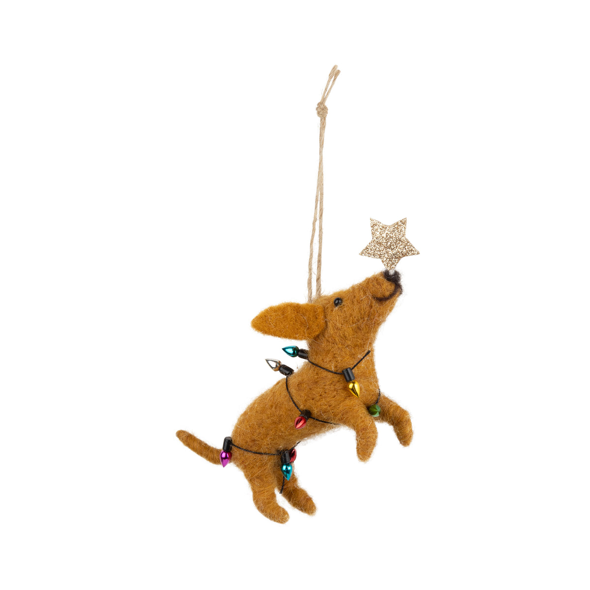 Tan Felt Dog Ornament Wrapped In Lights With A Star