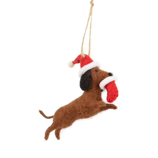 Brown Felt Dog Wearing a Santa Hat With Stocking