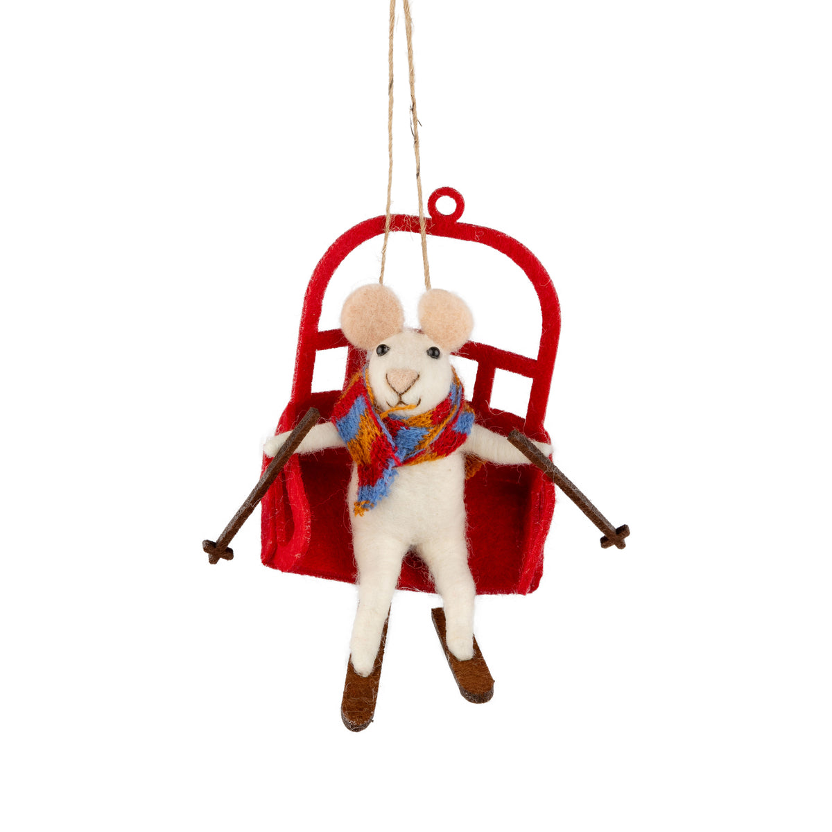 Felt Mouse On Red Ski Lift w/ Scarf Ornament