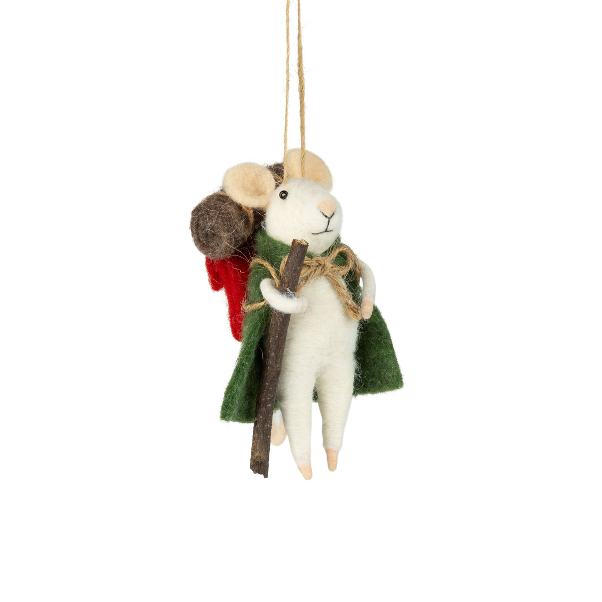 Felt Hiking Mouse Ornament, With Green Backpack And Walking Stick