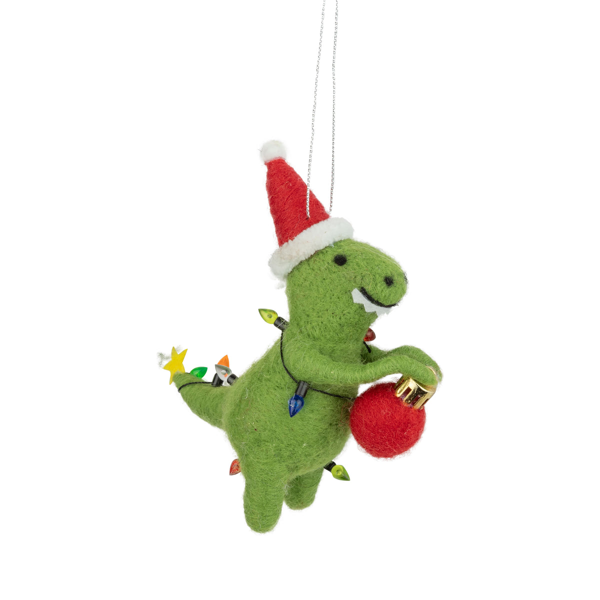 Felt Green Dinosaur Ornament In Red Santa Hat + Light String