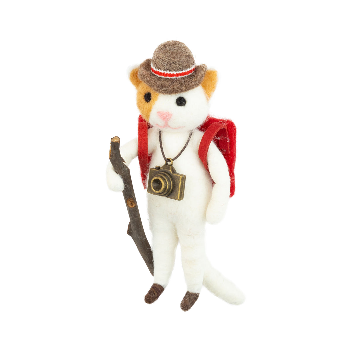 Felt Hiking cat Ornament With A Walking Stick + Camera