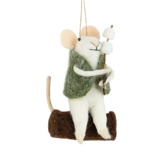 Felt Mouse Ornament In A Green Vest Roasting Marshmallows