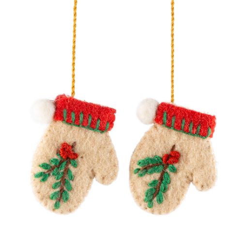 Felt Pair Tiny Mitten Stitched Holly Beige Ornament