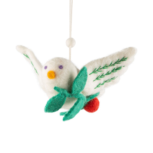 Felt Dove Of Peace With Holly Berry Wings Ornament