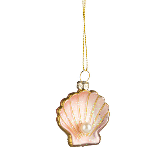 Glass Pink Seashell w/ Pearl & Gold Accent Ornament