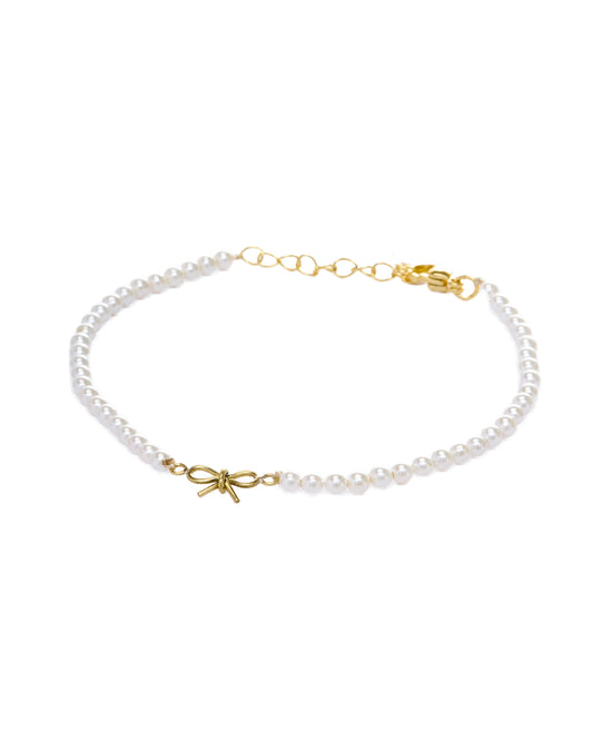 Coquette Bracelet Pearls w/Gold Bow