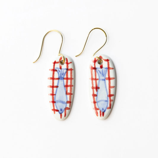 Danielle Oval Ceramic Earring With Fish And Red Plaid