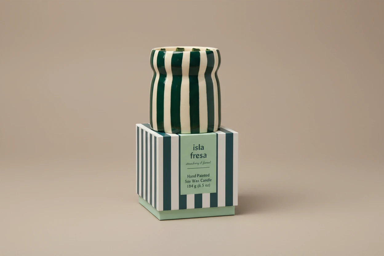 Cabana Teal Striped Ceramic Candle Isla Fresa