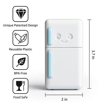 White portable refrigerator with smiley face design, features listed, and dimensions on a white background
