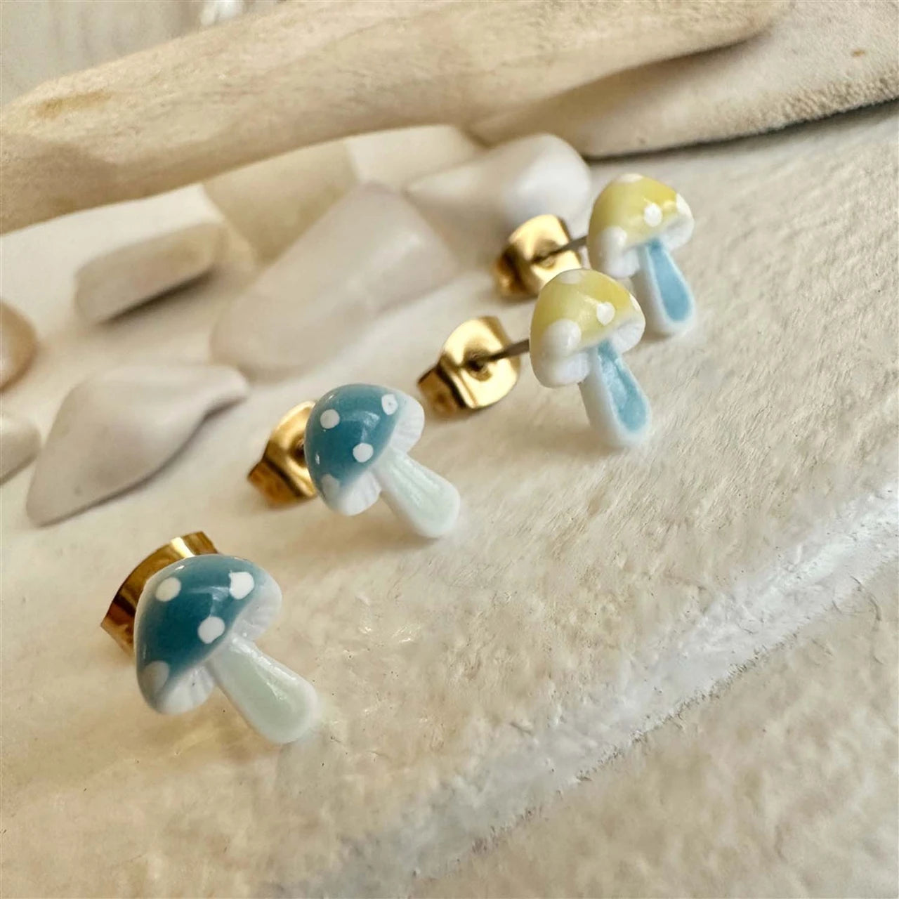 Agaric Porcelain Mushroom Stud Earrings Blue